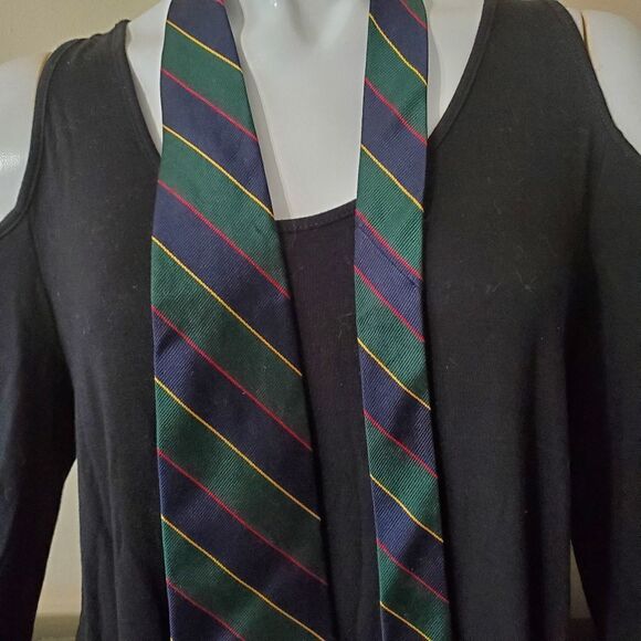 Fashion Neckwear Green, Blue, Yellow, & Red Striped Silk Tie - Picture 2 of 5